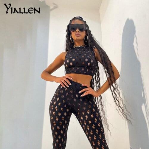 Yiallen Women Summer Sexy Hollow Out O Neck Sleeveless Top and Trousers 2 Piece Set New Casual Skinny Stretch Tracksuit Hot