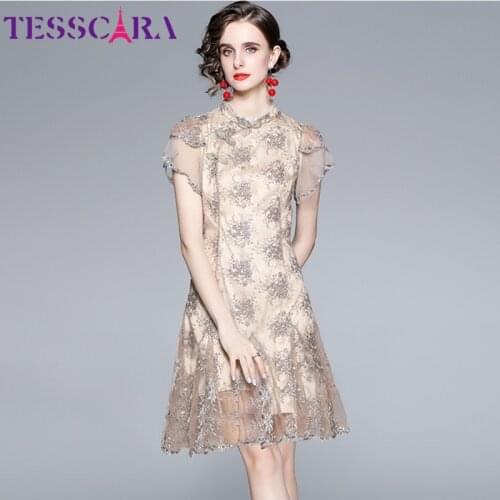 TESSCARA Women Luxury Embroidery Mesh Dress Festa High Quality Elegant Wedding Party Robe Femme Vintage Designer Short Vestidos