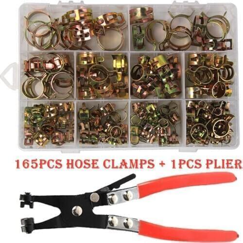 165 PCS Zinc Plated 6-22mm Spring Hose Clamps + 1PC Straight Throat Tube Clamp for Band Clamp Metal Fastener Assortment Kit