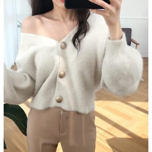 2021 Autumn Winter Fashion Women Short Loose Mink Cardigan Sweater Female V-neck Knitted Long Haired Mink Cashmere Sweaters New