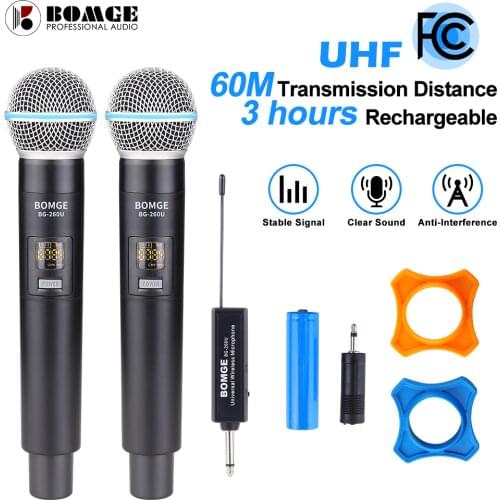 UHF Wireless Recording Karaoke Microphone Cordless 2 Mics Player Handheld Mic Echo Treble Bass Channel Selected with Receicer