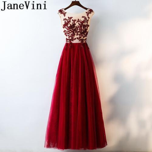 JaneVini Burgundy Crystal Long Prom Dress Tulle Sleeveless Women Bridesmaid Dresses 2018 A Line Robes Arabic Wedding Party Gowns