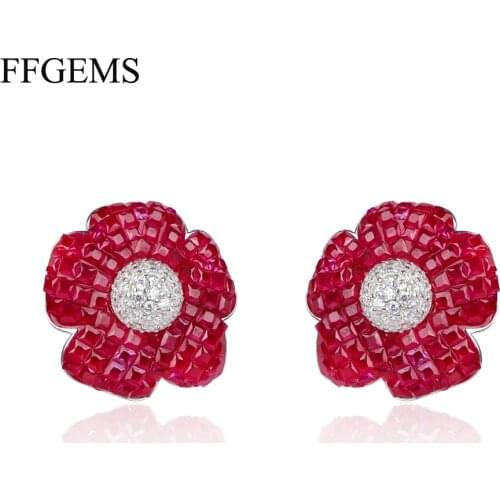 FFGems New Design 925 Silver Drop Big Earring Flower Created Nano Ruby Emerald Invisible Fine Jewelry Women Wedding Party Gift
