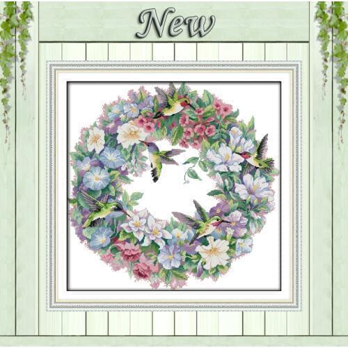 The art of hummingbird wreath flowers painting counted print on canvas Cross Stitch kits DMC 11CT 14CT needlework Sets embroider
