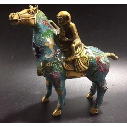 Chinese Pure Brass Cloisonne Carving Zodiac Animal Statue Monkey Ride Horse Home Decoration Wealth Gift