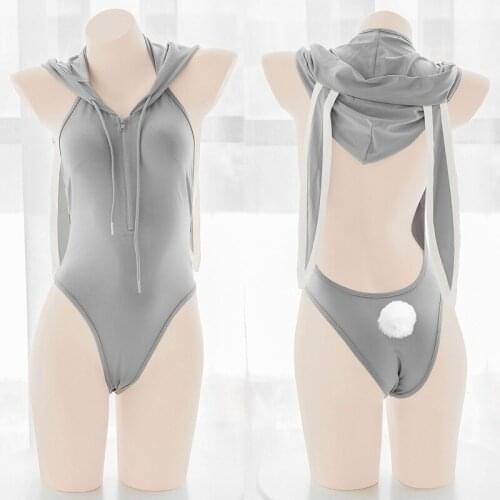 Japanese Cute Girls Gray Bunny Bodysuit Women Sexy Zipper Lingerie Set Rabbit Roleplay Hoodies Fashion Backless Hooded Tops