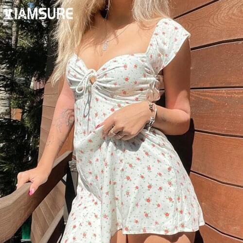 IAMSURE Floral Drawstring Summer Dress Casual Sexy Square Collar Flare Sleeve Mini Dresses For Women 2021 Fashion Vintage Ladies
