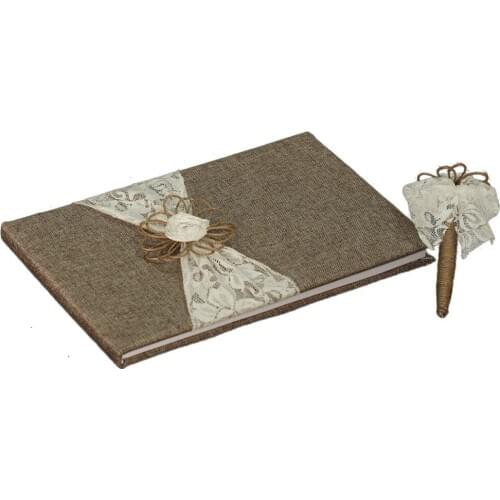 Linen elaborate guest book hemp rope craft pen wearing lace flowers 16*25*1.6cm thick brown