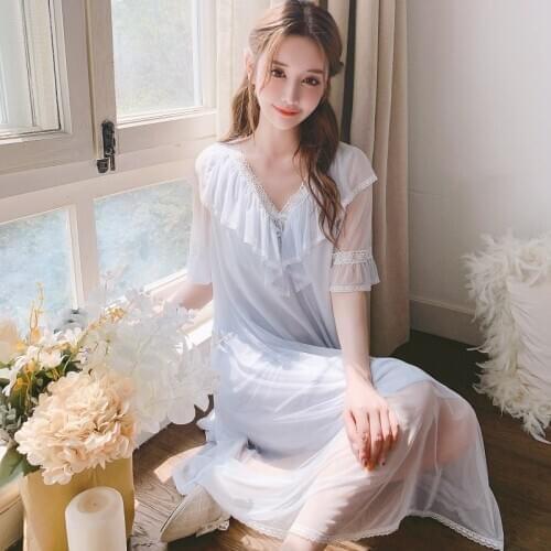 Sweet Summer Modal Womens Long Sleepwear Short Sleeve V-Neck Gauze Vintage Princess Comfortable Nightwear Long Dress