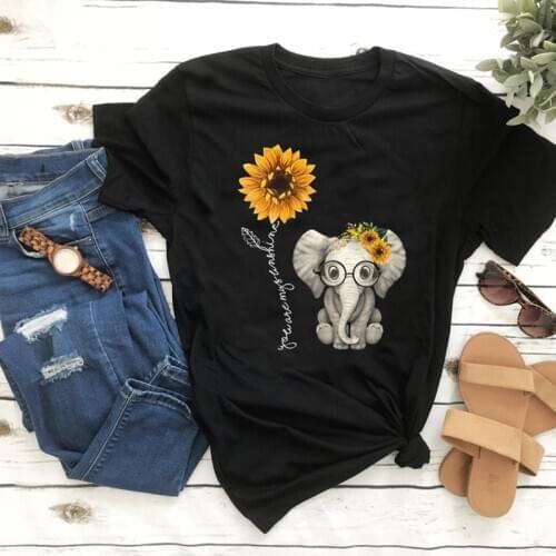 2020 New Elephant sunflower print shirt women casual short sleeve o neck tee tops for female cartoon cute t-shirts femme clothes
