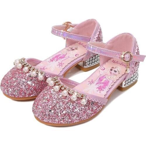Girls Princess Elsa Sandals High Heels Children Party Wedding Shoes With Rhinestone Sequined Bling Kids Sandals Soft Glitter