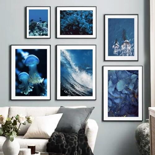 Blue Sea Waves Coral Abstract Golden Line Wall Art Canvas Painting Nordic Posters And Prints Wall Pictures For Living Room Decor