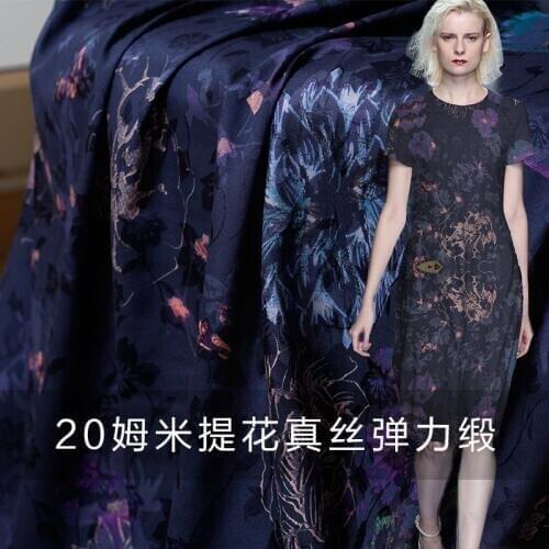 The Cloth 20momme Navy Blue Leaf Jacquard Weave Elastic Satin Silk Chinese Cheongsam Clothes Fabrics Freeshipping