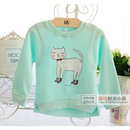 Children/kids/girls blue hoodie, sweatshirt with cute kitty print, girls cat hoodies, fashion bat sleeve, size 130 for 110-116cm