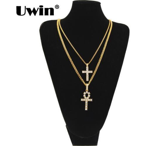 Uwin Egyptian Ankh Key Of Life And Cross Necklaces Pendants Set Full Rhinestone Fashion Necklace For Women Men Hip hop Jewelry