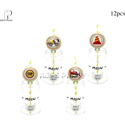 Party supplies 12pcs New Construction Vehicles Bulldozer theme straws party decoration biodegradable paper straw eco friendly