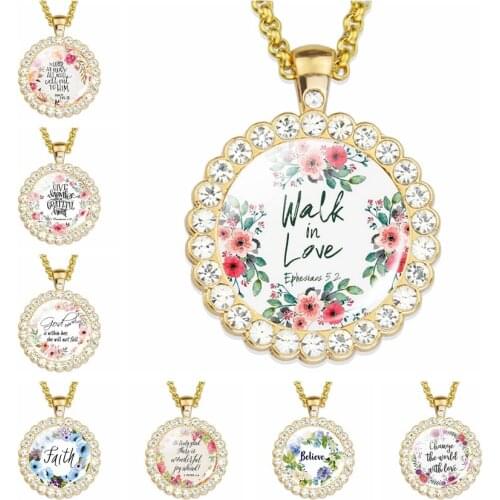 Walk In Love Bible Verse Psalm Quote Gold Plated Rhinestone Necklace Glass Cabochon Jewelry Christian Pendant women Lover Gifts