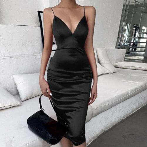 Women Dresses Deep V-neck Spaghetti Strap Solid Sling Satin Bodycon Midi Dress Sundress Cocktail Party Club Sexy Summer Clothes