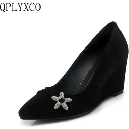 QPLYXCO Plus Fashion Women Pumps Genuine leather 2018 High Heels Wedges Platform Pumps Elegant Wedge Wedding Shoes woman 9032