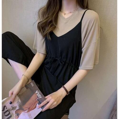 2020 New Summer Women Clothes Cotton Half-sleeve Loose V-neck T-shirt Top + Strap Wide Leg Ankle-Length Pant Suit 2 Pcs Set M59