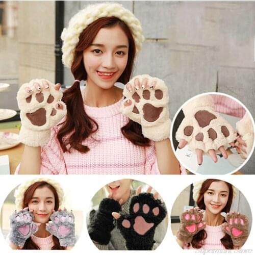 Winter Women Cute Cat Paw Claw Plush Mittens Short Fingerless Finger Half Gloves