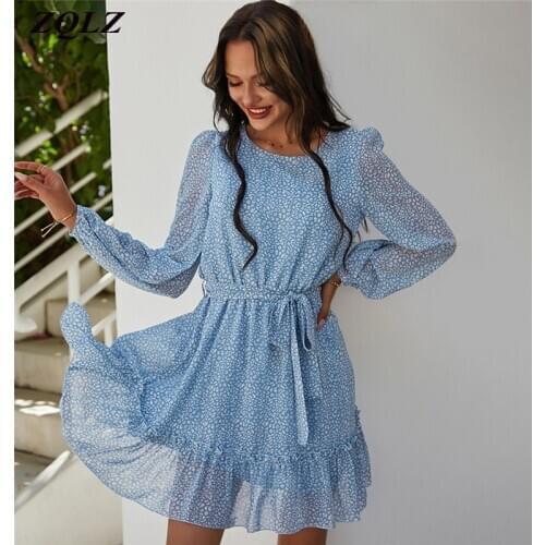 ZQLZ Spring Print Dress Women 2021 New Ruffles Bandage Long Sleeve High Waist Casual Ladies Autumn Summer Beach Mini Dress