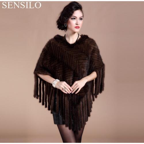 2016 Luxury Autumn Winter Womens Genuine Real Knitted Mink Fur Poncho with Tassels Lady Cape Hooded Shawl Female Pashmina 0153