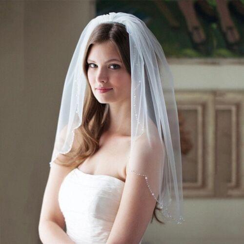 Bridal Wedding Ivory Veil 1 Tier With Comb Handmade Beads & Pearls Edge Soft Net 2022