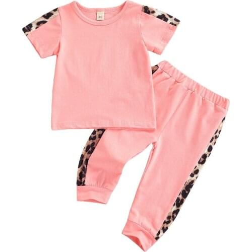Children Leopard Baby Casual Short Sleeve Neck T-shirt Trousers Pants Infant Outfits Clothing