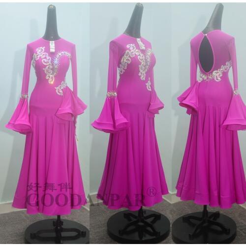 GOODANPAR 2019 new women Standard Ballroom Dance Competition Dresses Lycra Tango Watlz rumpet sleeves skirt Rose red Custom