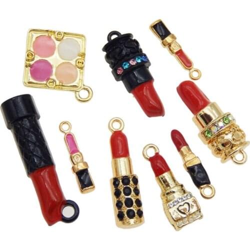 Julie Wang 9PCS Enamel Cosmetic Charms Mixed Girl Lipstick Eyeshadow Alloy Gold Tone Necklace Bracelet Jewelry Making Accessory