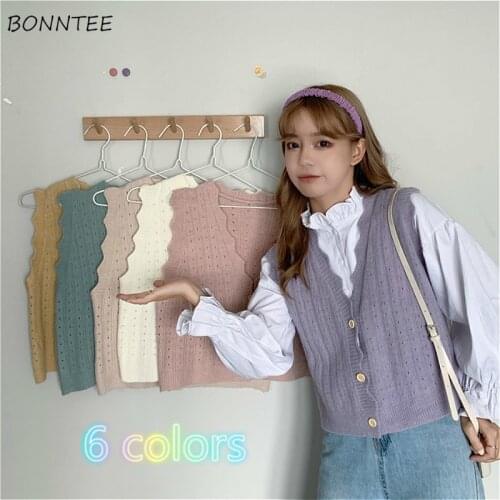 Cardigan Women Lovely Solid Purple Harajuku Popular All-match Sweet Girl Sleeveless Knitwear Daily Single Breasted Femme Sweater