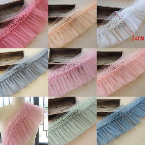 0.5 Meters 24cm Width White Pink Blue Ruffle Lace Fabric 3D Thick Gathered Mesh Lace DIY Dress Curtain Dolls Crafts Material