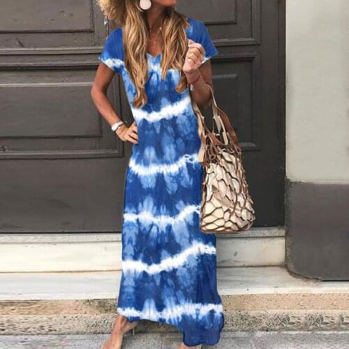 Fashion Classical Tie-Dye Wave Cut Women Long Dress Comfy Casual Loose Holiday Beach Dress Asymmetric Hem Round Neck Vestidos