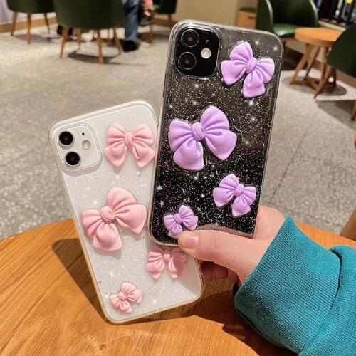 Girl Fashion Super Cute Bowknot Bling Glitter Transparent Soft Case Cover For Iphone 12 Mini 11 Pro XS Max XR X 8 7 Plus SE