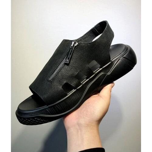 Youth Trend Men Fashion Thick Bottom Genuine Leathe Rome Personality Beach Sandals Men Flat Comfortable Breathable Flat Sandals