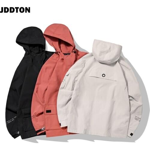 JDDTON Mens Hooded Jackets Letter Printing Outwear Autumn Casual Solid Color Man Fashion Hip Hop Loose Coat Male Overcoat JE321