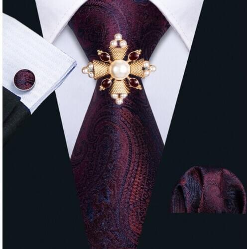 Men Paisley Tie Deep Red Ties Floral Silk Woven Necktie Purple Pocket Square Cufflinks Brooch Gift for Business Barry.Wang
