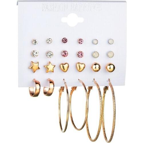 Korean fashion new wish rock exaggerated earrings for women Jewelry 12-piece earring set inlaid crystal earrings earring