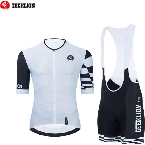 2021 New Geeklion Black-White Summer Cycling Set Short Sleeves Quick Dry Team PRO MTB Maillot Aero Fit Bike Bib Padded Pants