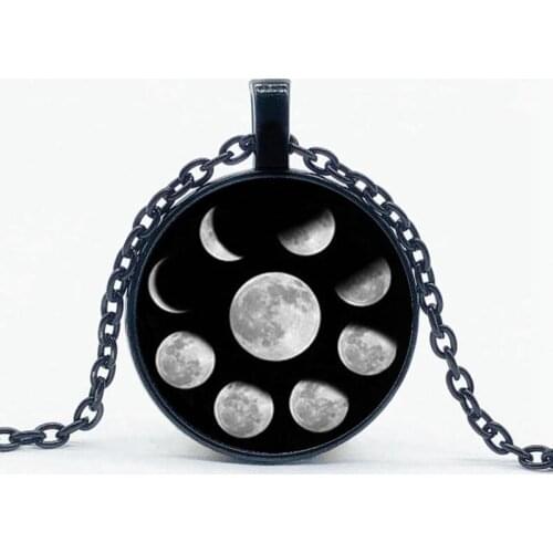 New Wicca Moon Necklace Star Moon Moon Phase Pagan Round Glass Pendant Necklace Jewelry