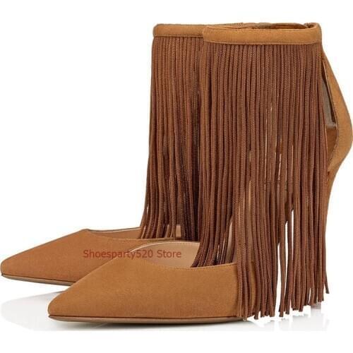 New Designer Brown Black Suede Fringed High Heels Women Pumps Pointed Toe Sexy Ladies Stiletto Back Tassel Party Wedding Shoes