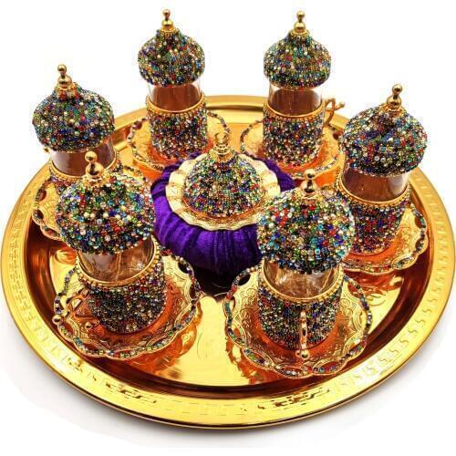 Handmade authentic Design Turkish Greek Arabic Coffee Espresso Set for 6 Service Cups Saucers Lids Tray Delight Candy Dish GIFT