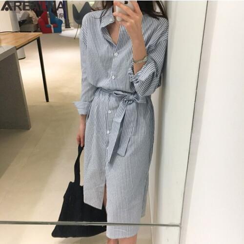 Autumn Women Dress Korean Style Striped Shirt Dress With Belt Casual Long Sleeve ladies dresses Elegant Midi Dress vestidos