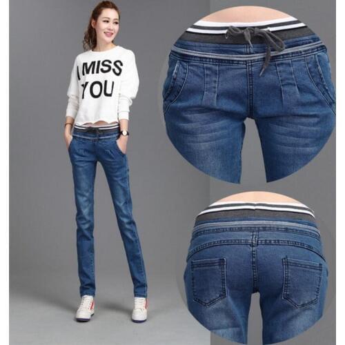 Plus Size 26-40 Casual Pants Slim Elasticity Waist Lace Jeans for Women Elastic Waist Blue Pencil Pants Fashion Denim Trousers