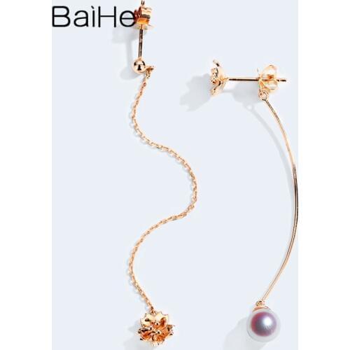 BAIHE Solid 18K Rose Gold Natural Freshwater Pearl Earrings for Women Wedding Trendy Fine Jewelry Flower серьги christmas Gift