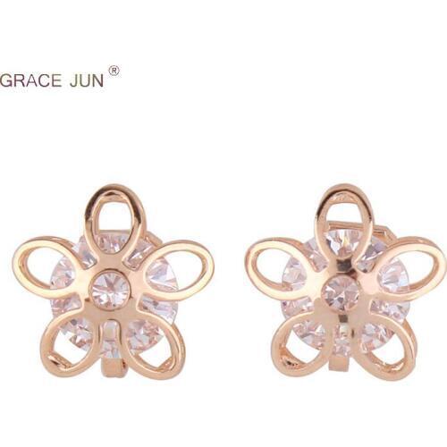 Gold Color AAA Cubic Zircon Flower Shape Hollow-out Clip on Earrings No Pierced for Girl Bridal Wedding Cuff Earrings Good Gift