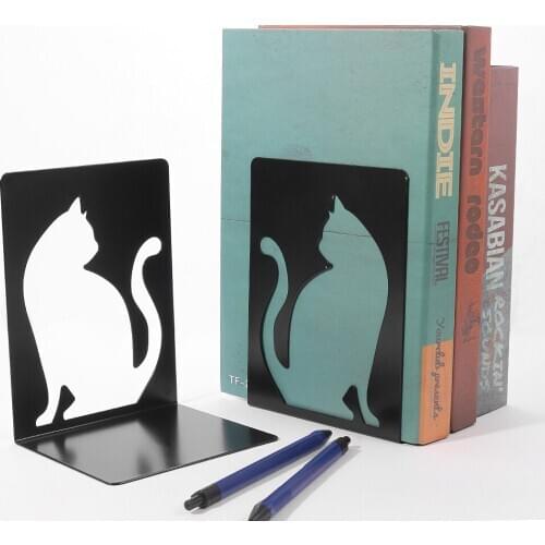 1 Pair Cute Cat Bookend Non-skid Iron Decorative Home Office Desktop Kawaii Magazines Practical Free Standing Black