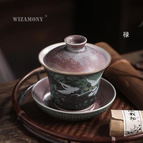 WIZAMONY Japanese Kiln huan cai Sancai Tureen Ceramic Kung Fu Tea Creative Crane Home Queen Cup Tea Bowl