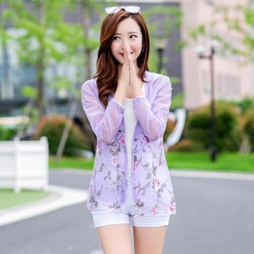 Women Sun Protection Clothing Korean Ultra-thin Breathable Printing Hooded Jacket Long Sleeve Beach Sunscreen Clothing X249